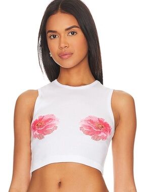 Lovers + Friends White Cropped Tank with Pink Floral Appliqués